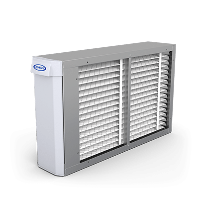 AprilAire 1410 whole-house air filtration unit showing the internal pleated filter and professional metal housing.
