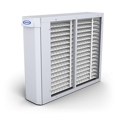 Angled view of an AprilAire 2210 air cleaner unit featuring thick pleated media filters for capturing airborne particles.