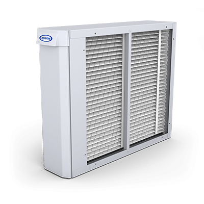 Durable white AprilAire 2216 air filtration unit showcasing high-capacity pleated filter media for clean indoor air.