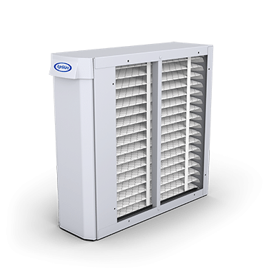 Vertical white air cleaner unit designed for HVAC integration with a double-banked pleated filter design.