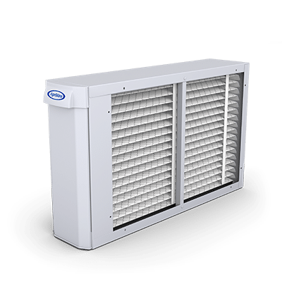 Compact white AprilAire 2410 air cleaner housing with a high-efficiency pleated filter for residential HVAC systems.
