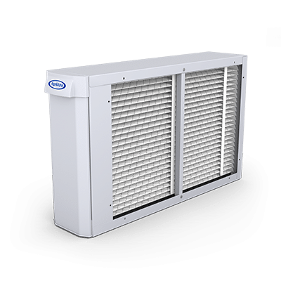 Slim profile white AprilAire 2416 air cleaner showing the internal pleated filter structure for home allergens.