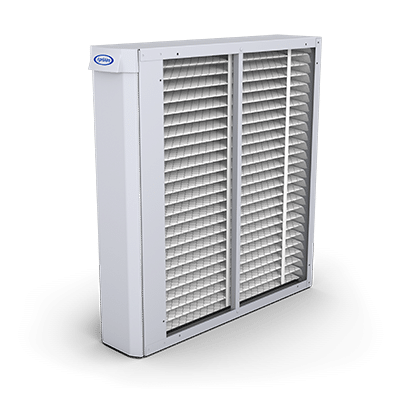 White metal air cleaner cabinet with two large sections of pleated filter media for HVAC system integration.