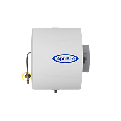 White AprilAire Model 400 bypass humidifier unit with a central logo, side water intake valve, and grey circular duct port.