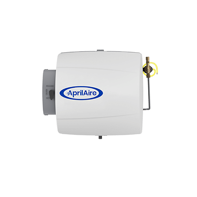 Front view of an AprilAire Model 500 humidifier featuring a white cover, blue logo, and side-mounted water solenoid valve.