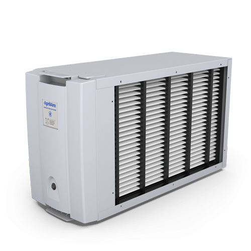 Angled view of a white AprilAire 5000 air cleaner housing with visible high-efficiency pleated filter media.