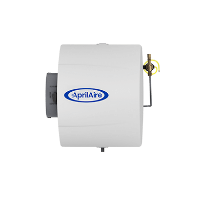 White AprilAire Model 600 humidifier with a bypass duct port, water solenoid valve, and central blue logo.