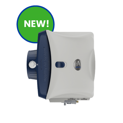 A white and blue AprilAire 620 humidifier unit with a green 