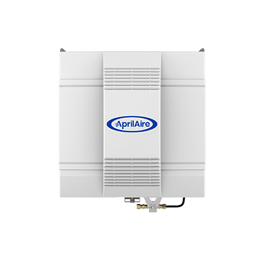 Large white AprilAire Model 700 humidifier unit with a built-in fan and bottom-mounted water solenoid valve