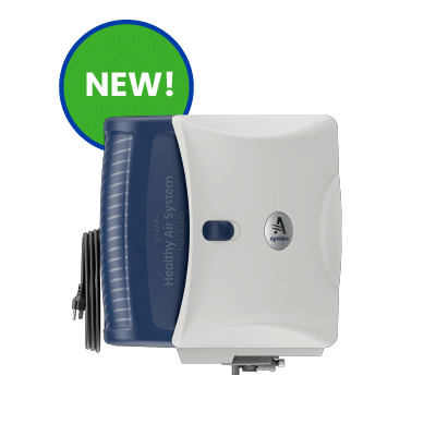 A white and blue AprilAire 720 whole-home humidifier with a 