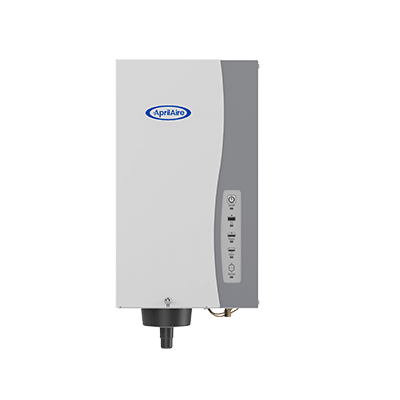 Wall-mounted AprilAire Model 800 steam humidifier with a gray and white finish and a vertical LED status panel.