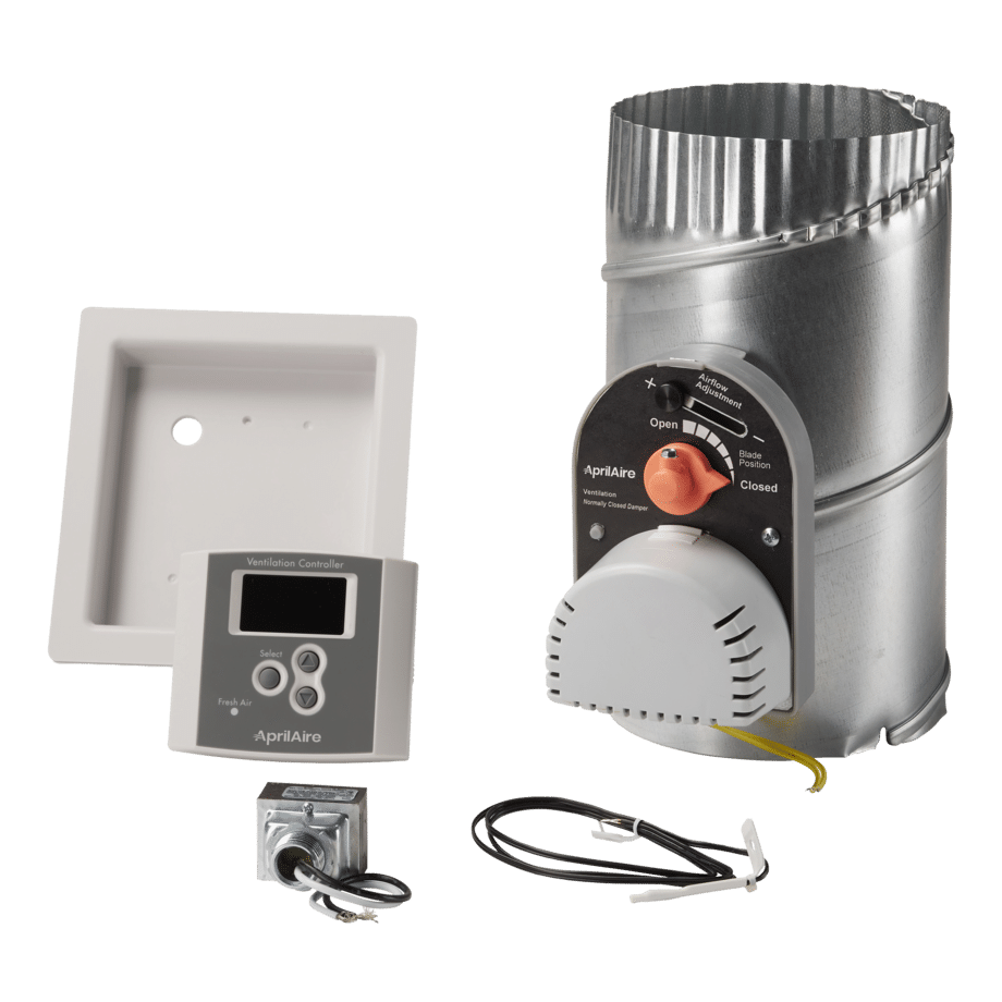 AprilAire 8126X kit containing a motorized damper, digital ventilation controller, and necessary installation components.