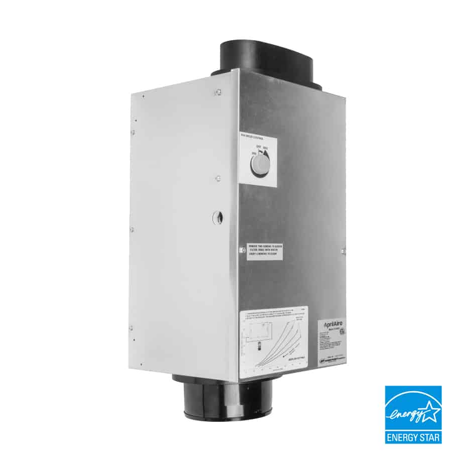 AprilAire 8144NC fresh air ventilator with a galvanized steel body and fan speed control dial, featuring an Energy Star logo.