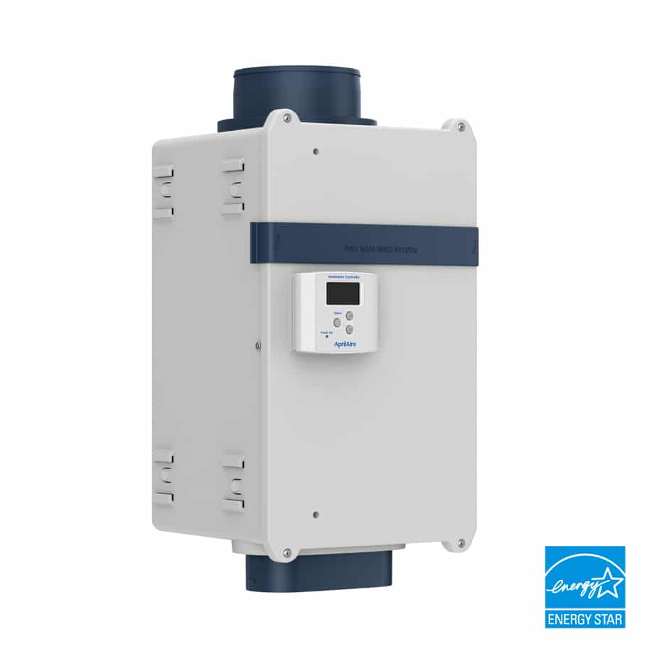 AprilAire 8145 ventilator in a white housing with an integrated digital controller and blue duct connections.