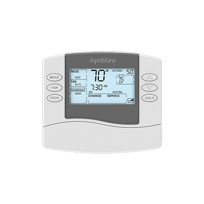 A digital AprilAire thermostat featuring a backlit LCD screen, push buttons for mode and fan, and temperature arrows.