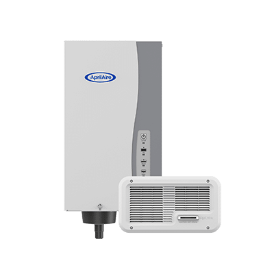 AprilAire 865 steam humidifier unit shown with its accompanying wall-mounted fan pack for ductless installation.