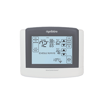 White and gray digital thermostat with a backlit LCD screen displaying temperature and humidity levels.