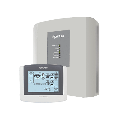 A white AprilAire smart thermostat display and a grey wall-mounted equipment control module with status indicator lights.