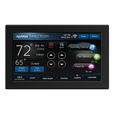 Smart thermostat with a black frame and a color display showing 72 degrees and air quality controls.