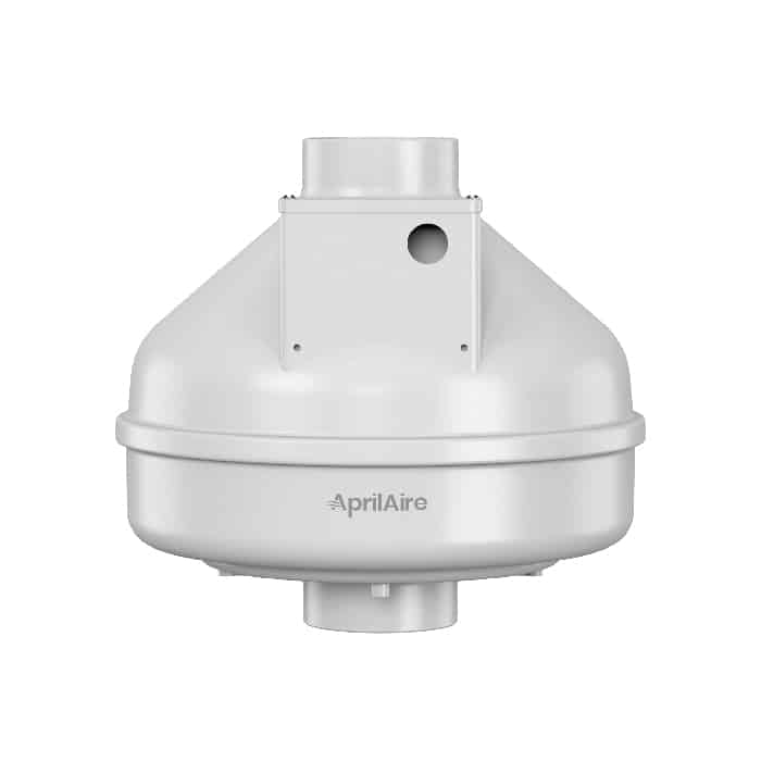 White circular high-pressure radon fan with AprilAire logo and vertical duct ports for air purification systems
