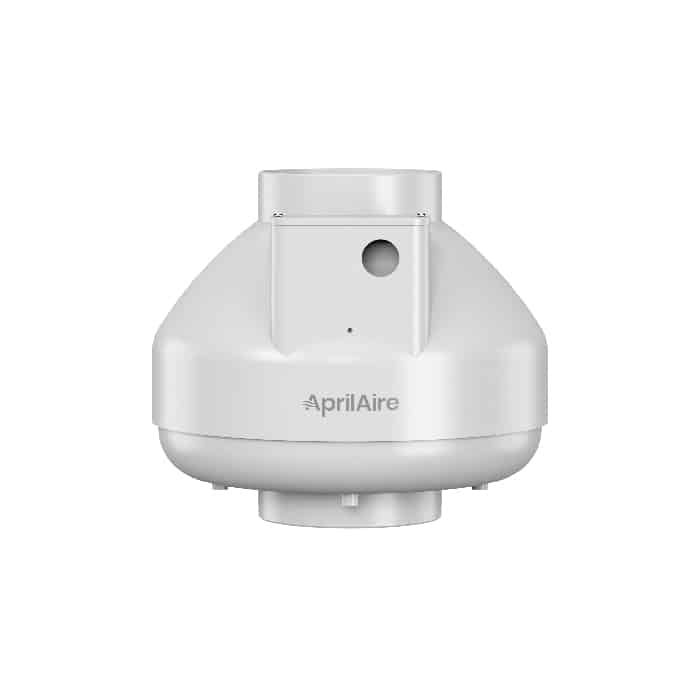 A white, circular AprilAire radon mitigation fan with top and bottom duct connectors for air purification.