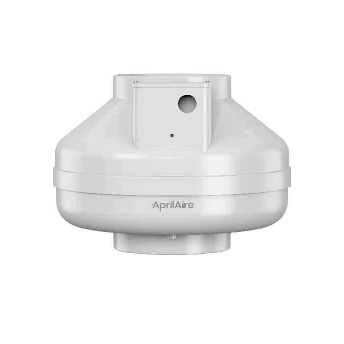 Front view of a white AprilAire ARN25F radon mitigation fan with a central seam and circular duct ports.