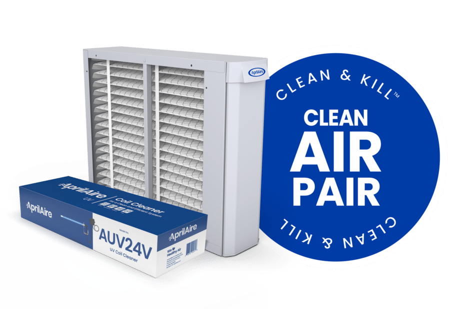 An AprilAire whole-home air filter unit next to a boxed AUV24V UV Coil Cleaner with a Clean Air Pair promotional seal.