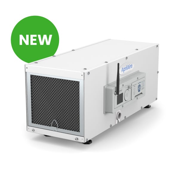 Compact white dehumidifier with a side-mounted Wi-Fi antenna, digital control panel, and a green 