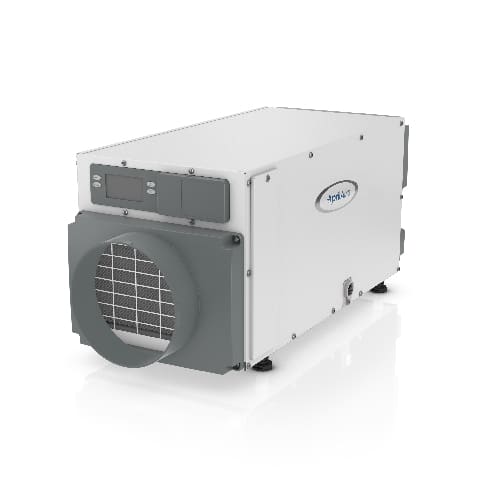 White industrial dehumidifier featuring a front duct collar, mesh intake filter, and integrated digital display.
