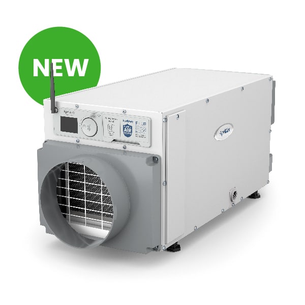 Professional dehumidifier with a ducting attachment, Wi-Fi antenna, and 