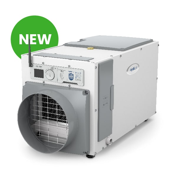 High-capacity AprilAire E100W dehumidifier with an external antenna and built-in monitoring screen for home humidity control.