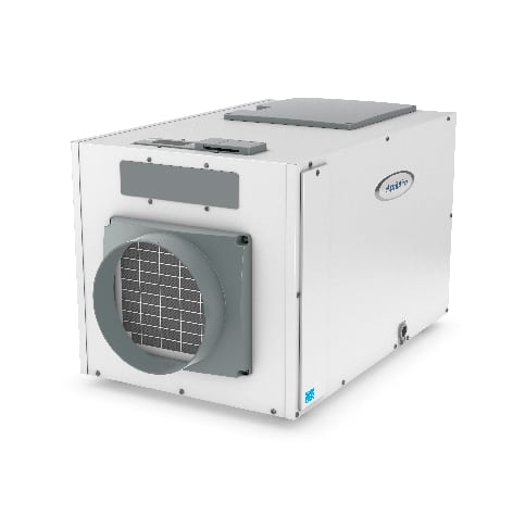 Large white AprilAire E130 dehumidifier with a gray circular duct outlet and top-mounted control access panel.