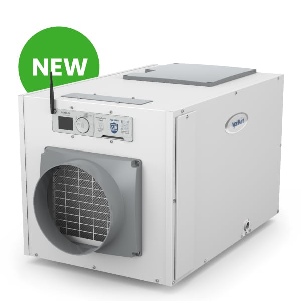 Smart AprilAire E130W dehumidifier featuring a Wi-Fi antenna, digital display, and a green 