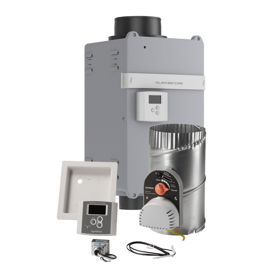 AprilAire fresh air ventilator, motorized damper, and digital ventilation controller displayed against a white background.