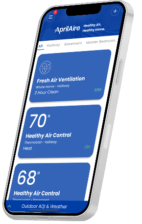 Smartphone displaying the AprilAire app with controls for fresh air ventilation and hallway temperature settings.
