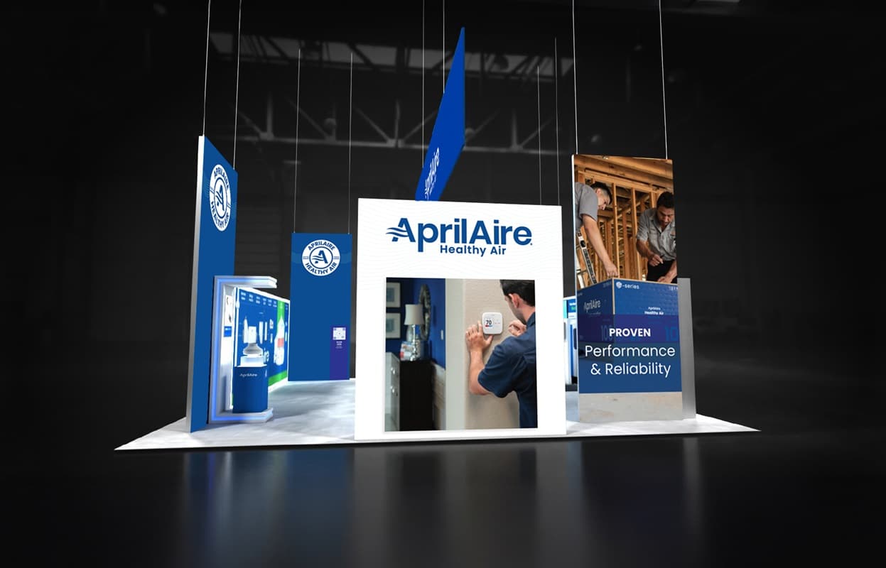 Modern AprilAire trade show booth featuring blue branding, digital displays, and hanging banners for healthy air products.