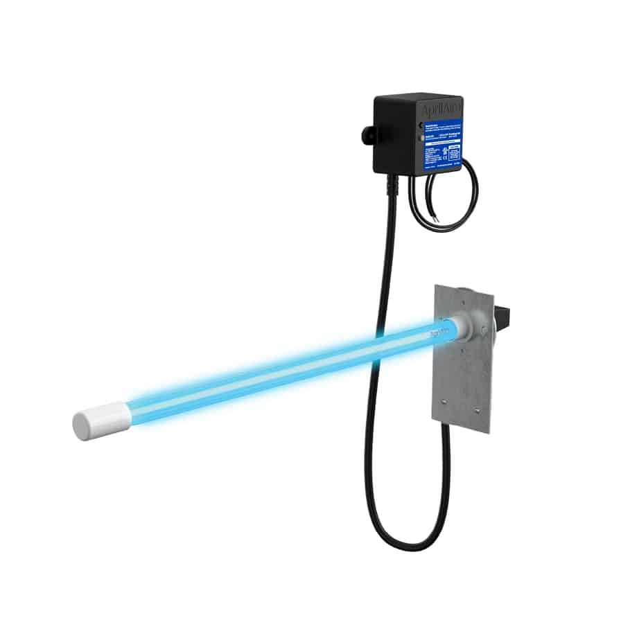 A glowing blue UV-C germicidal lamp for HVAC systems connected to a black AprilAire power control box by a long cable.