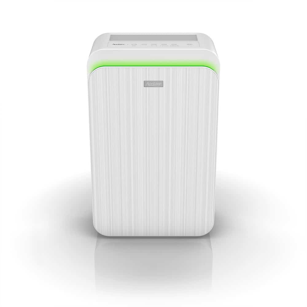 Front view of a sleek white portable air purifier with a glowing green air quality indicator light on top.
