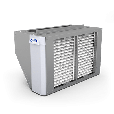 A whole-home air cleaner in a right-angle metal cabinet featuring a high-efficiency pleated MERV filter.
