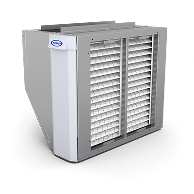 A whole-home air cleaner in a right-angle metal cabinet featuring a high-efficiency pleated MERV filter.