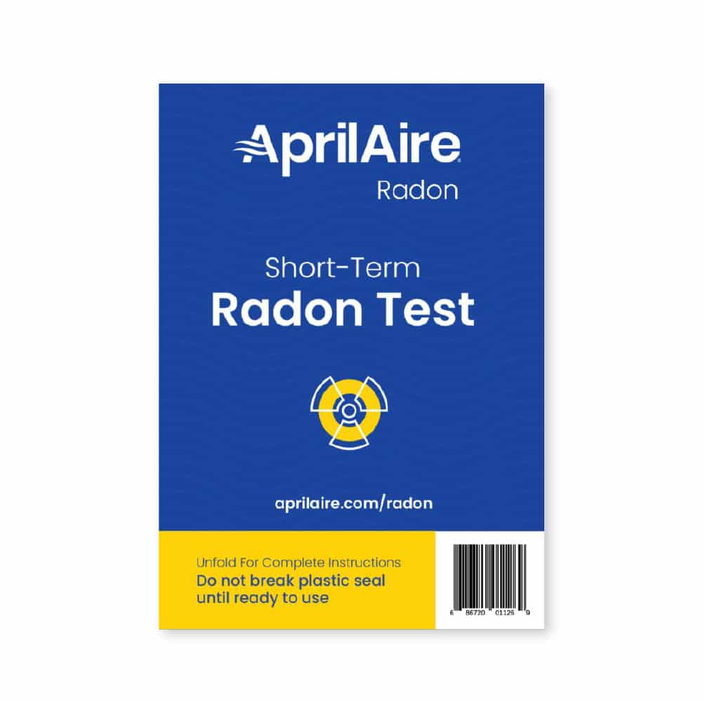 Blue and yellow AprilAire radon test kit packaging featuring a radiation symbol and short-term testing instructions.