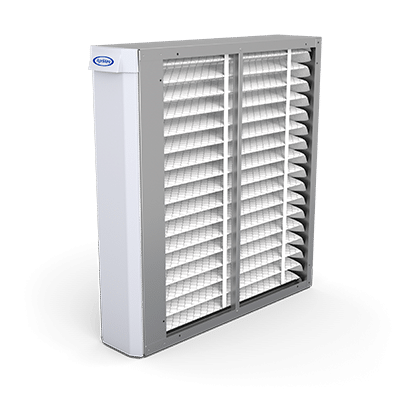 A slim vertical air cleaner cabinet with white pleated filtration media designed for HVAC system integration.