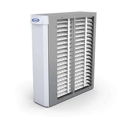 A slim vertical air cleaner cabinet with white pleated filtration media designed for HVAC system integration.