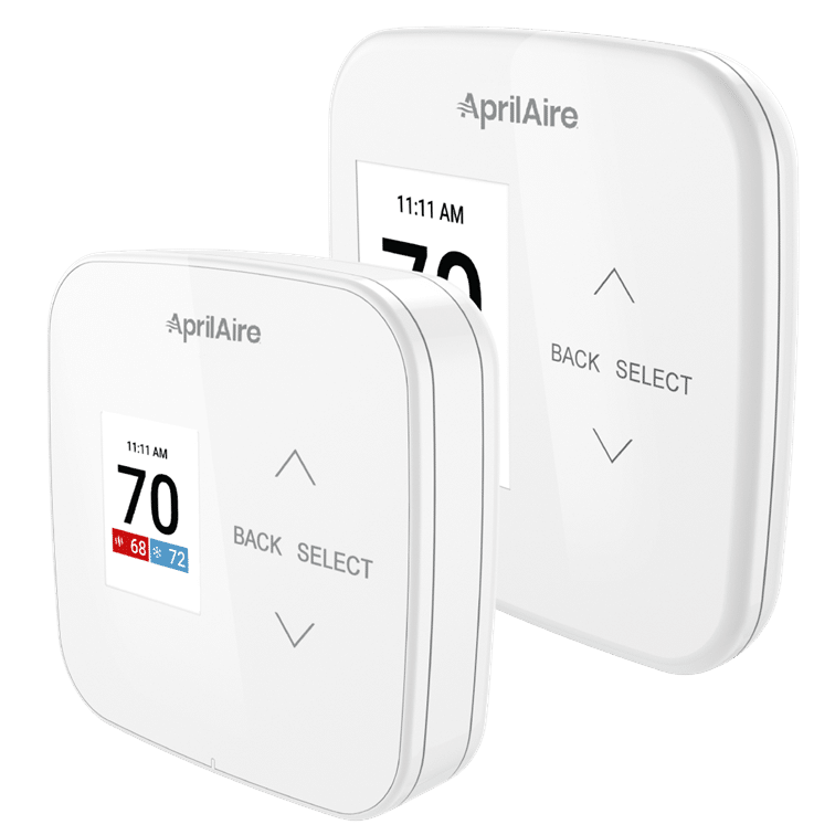 Two sleek white AprilAire thermostats featuring digital displays showing 70 degrees with touch-sensitive navigation buttons.