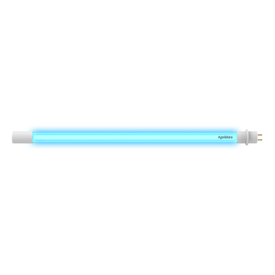A long, glowing blue UV-C germicidal replacement lamp with a two-pin connector and AprilAire branding.
