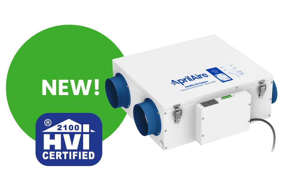 AprilAire V228EC Energy Recovery Ventilator unit with an HVI Certified seal and a green NEW callout bubble.