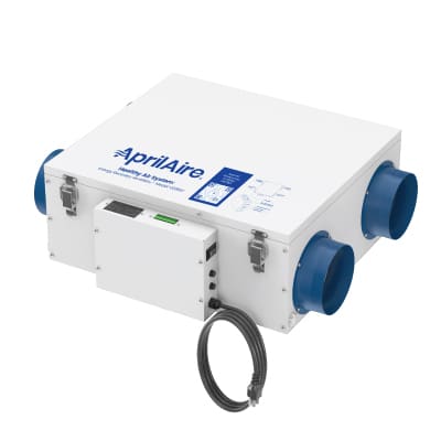 White AprilAire V22BEV energy recovery ventilator with blue circular duct ports and an attached black power cord.