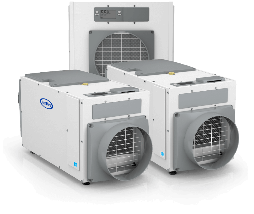 Three white and gray AprilAire dehumidifiers with digital displays and round duct collars for crawl space or HVAC use.