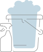 Line drawing of a spray bottle next to a bucket filled with light blue soapy foam.