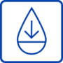 Blue line icon of a water droplet with a downward arrow inside representing the removal of excess humidity.